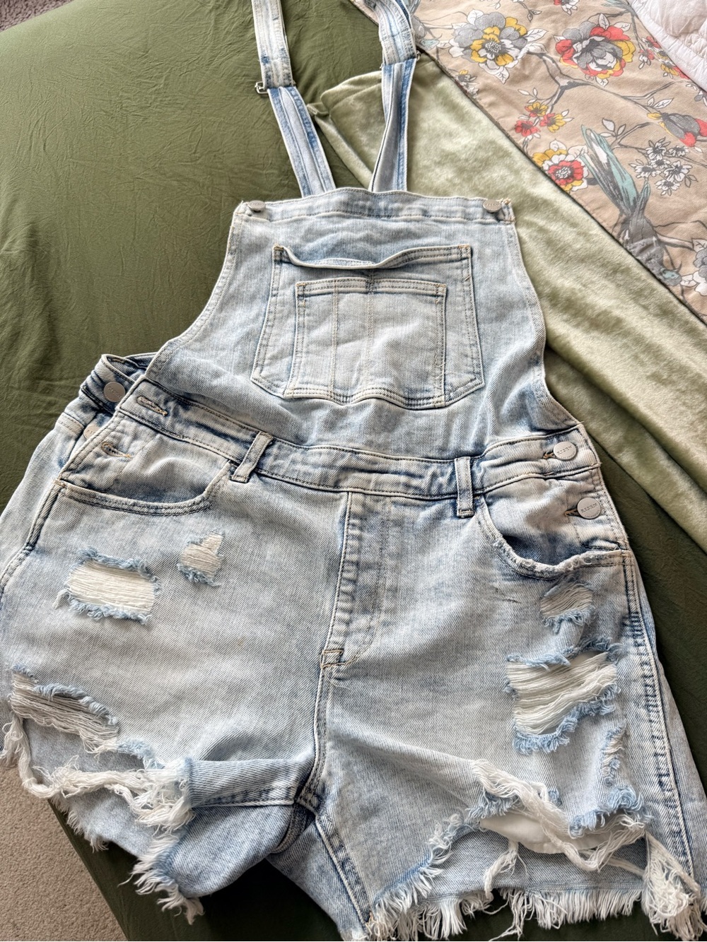 Light Blue Distressed Denim Short Overalls